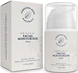 a bottle of facial moisturizer formulated with organic aloe veras next to a box