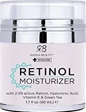 one point seven fluid ounce tub of radha beauty moisturizing miracle anti wrinkle and anti aging retinol cream for face containing 2.5% retinol, hyaluronic acid, vitamin e and green tea